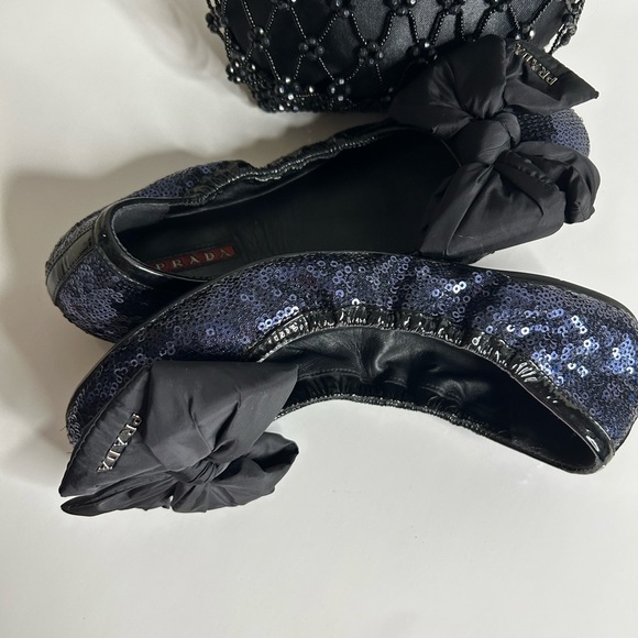 PRADA RARE BALLET FLATS SEQUENCE GLITTER BLACK Genuine  PATENT SATIN BOW - Picture 10 of 15